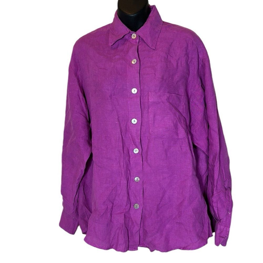 Bryn walker ladies 100% linen purple button up long sleeve hi low tunic med